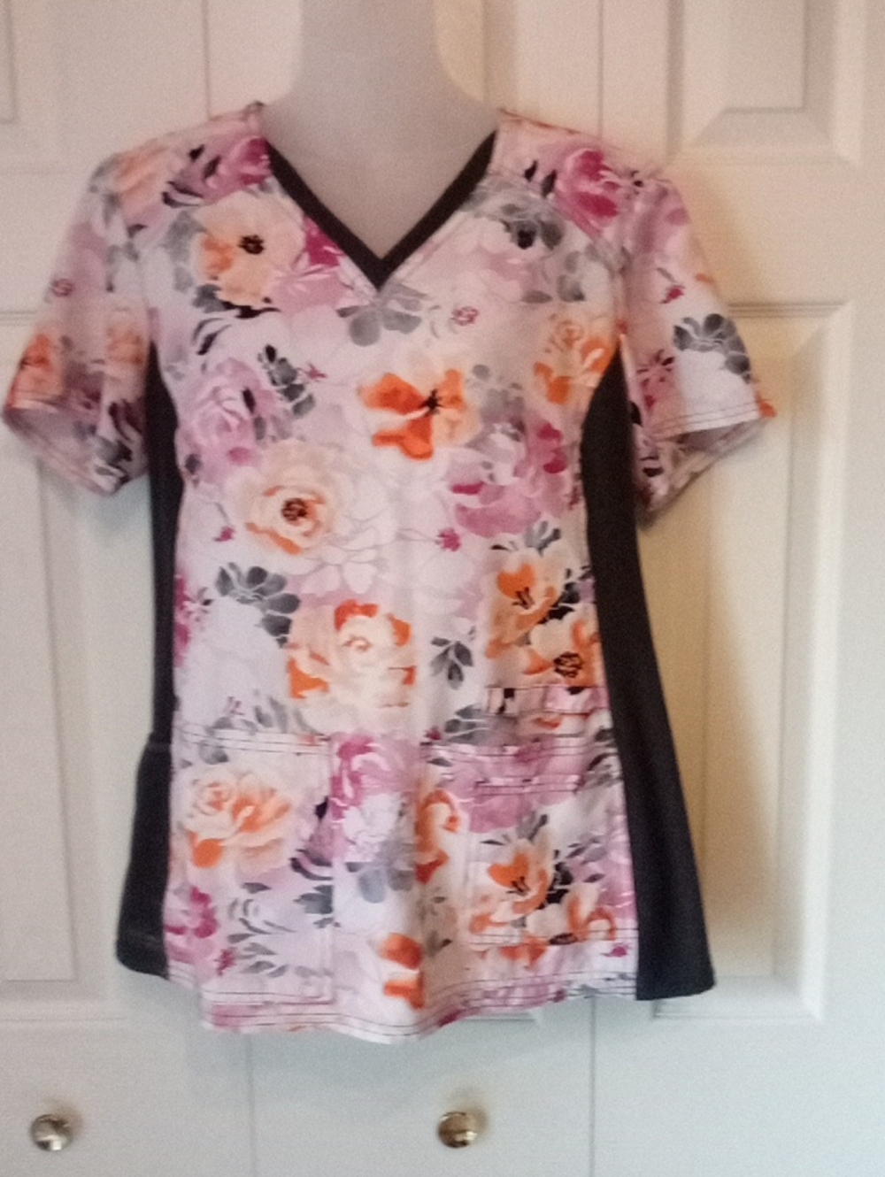 Cherokee Floral V-Neck Scrub Top in Pink, Orange and Black